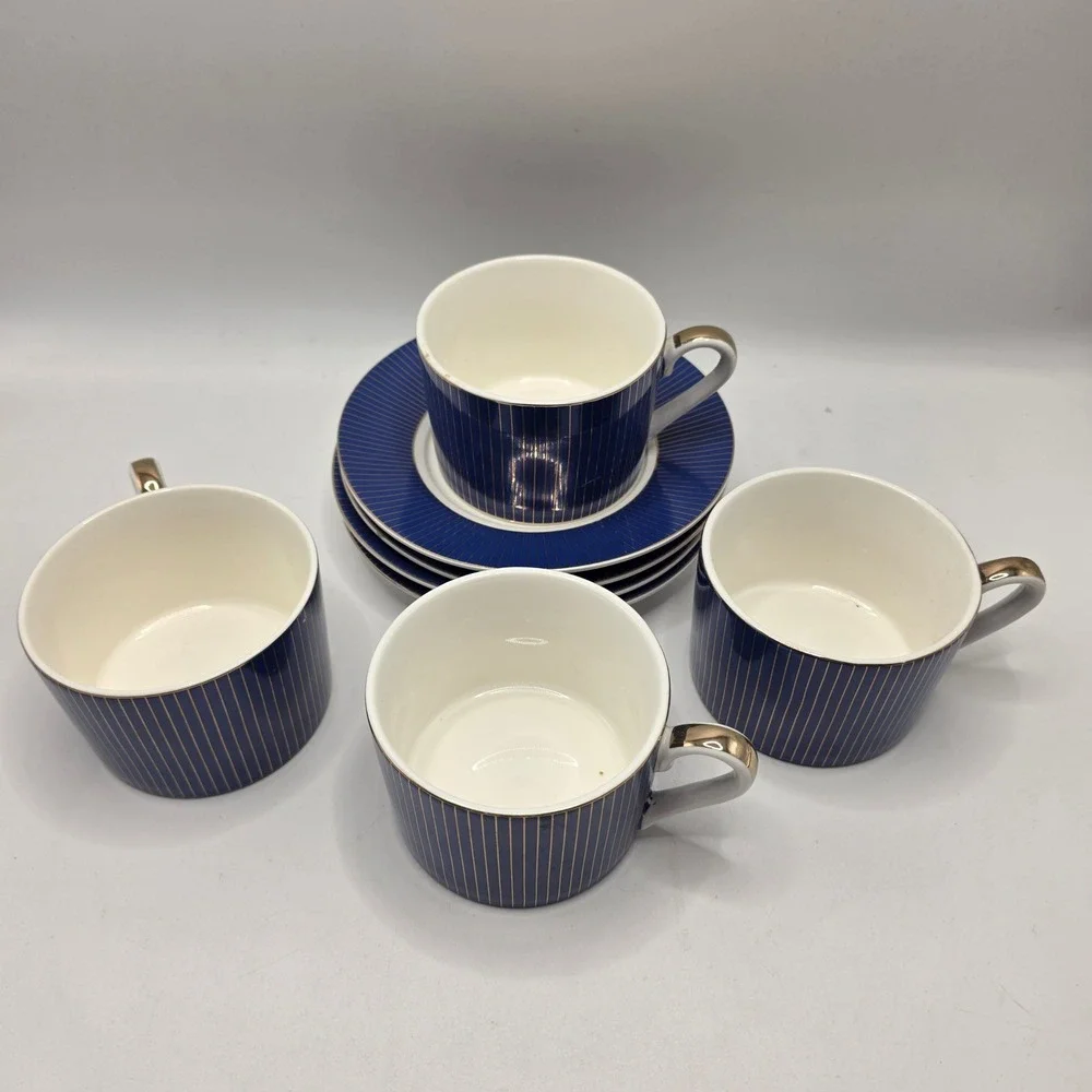 Cobalt Blue‎ Gold Pinstripe Tea Cup & Saucer Set 4 Fine Porcelain Tea Party